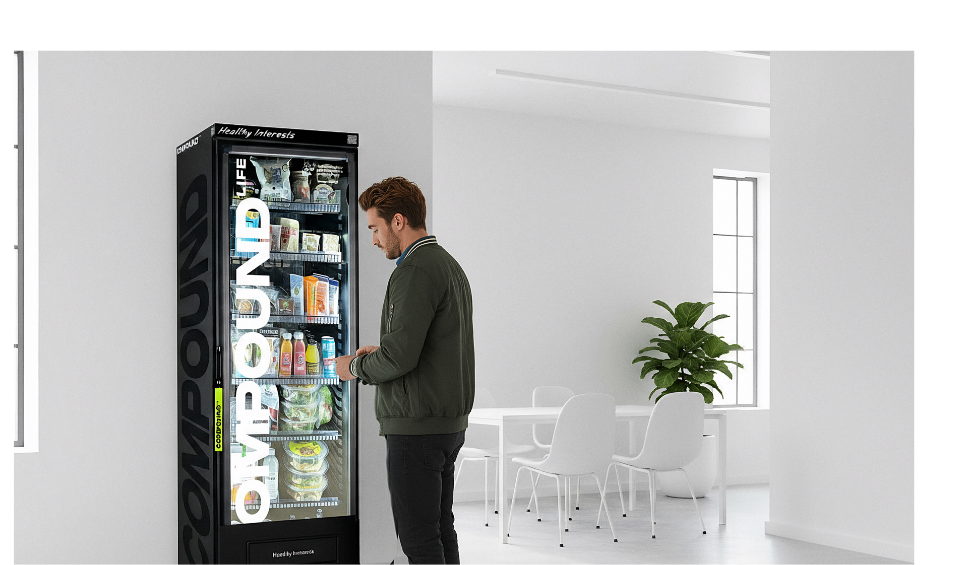 The Compound smart fridge installed in a bright modern workplace